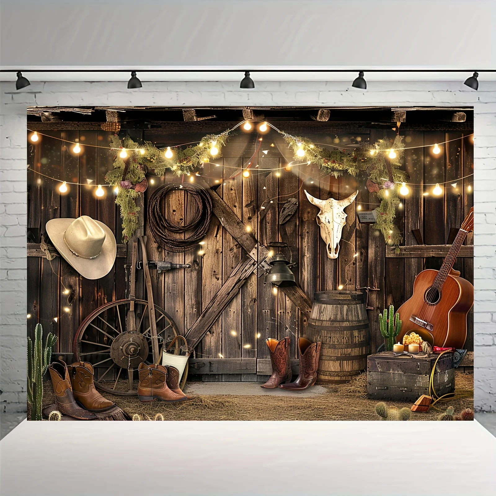Cowboy themed Polyester background - rustic wooden doors and denim accessory party banners for birthdays, bachelorette parties