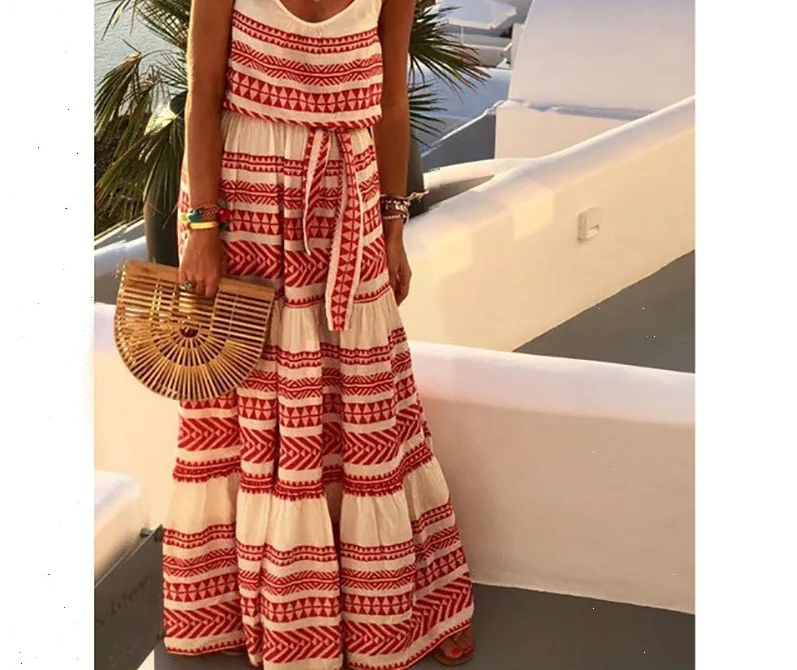 Vestido maxi feminino versátil com cintura amarrada e camadas Boho Stripe Detalhe Spaghetti Strap Design Vestido elegante