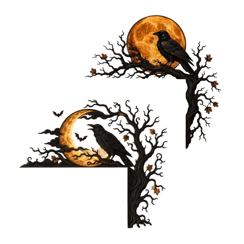 E06B Halloween Moon Crow Door Toppers Hanging Sign Door Frame Corner Wall Art Decors