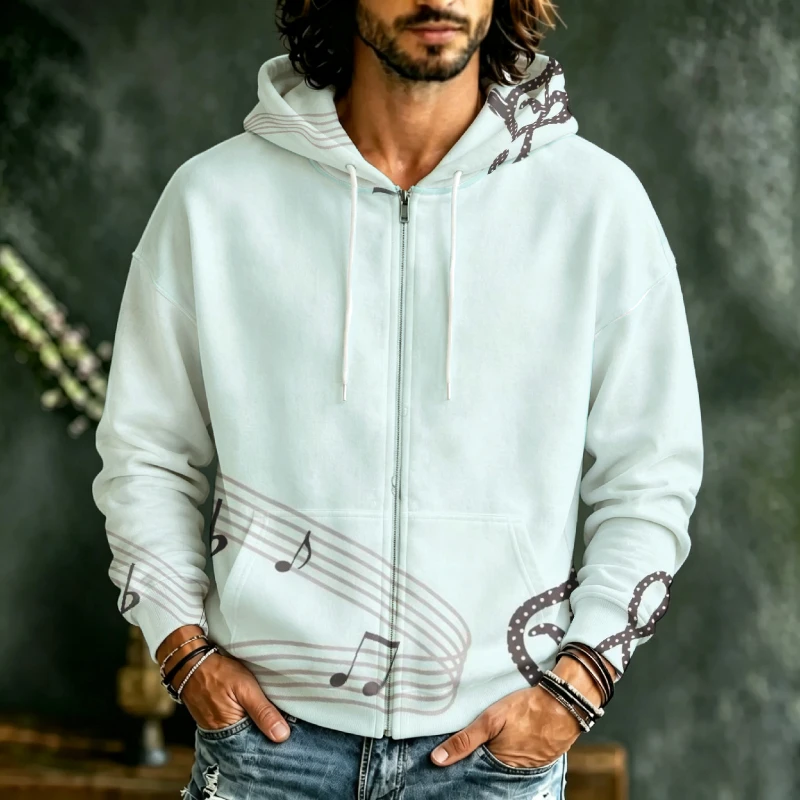 Men Full Zip Hoodie Mixed Theme Artistic Print Long Sleeve Drawstring Hooded Sweatshirt With Pockets Loose Fit Casual Street