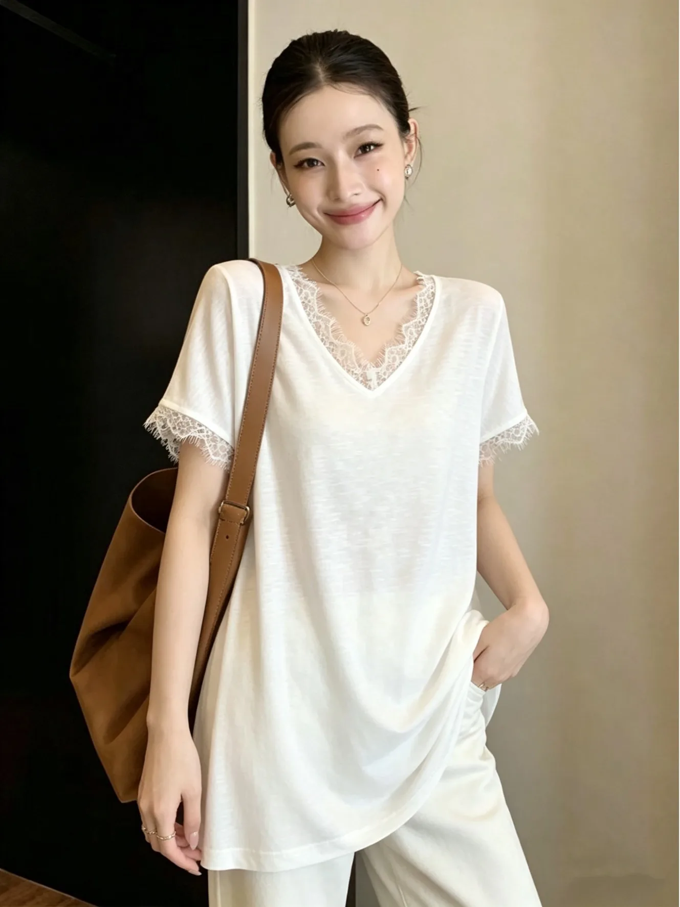 

Summer New plus Size Loose Meat Covering Slimming Pure Color Lace Trim V-Neck Flying Sleeve T-Shirt Women's Casual Top