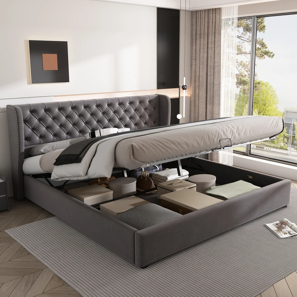 Lit double capitonné en forme d'oreille 180x200 cm, tissu en velours avec grandes coutures boutonnées, lit avec rangement hydraulique et sommier à lattes, résistant à la saleté, tissu non tissé noir sur le dessous du lit pour la chambre à coucher, meubles de maison, gris.