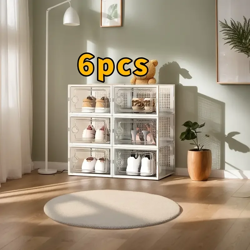 6/12 صناديق أحذية سميكة شفافة قابلة للطي مع أغطية - منظم تخزين قابل للتكديس وموفر للمساحة للمدخل وغرف النوم والمنزل،