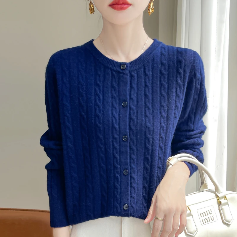 

2025 Autumn Winter Solid Long Sleeved Single Breasted Tops Korean O-neck Sweater Women's Knitted Twisted Flower Cardigan