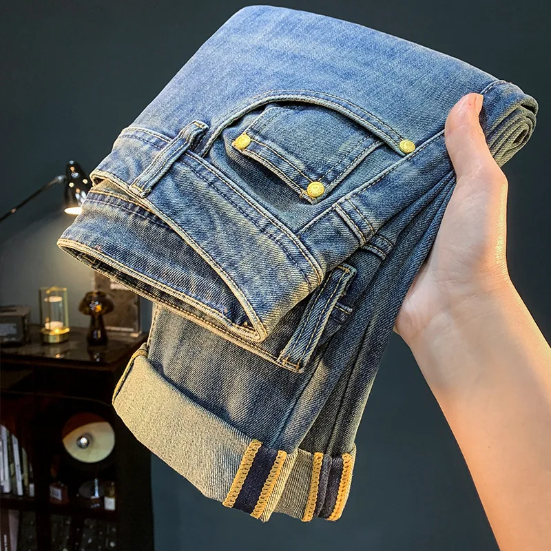 Fashionable and minimalist jeans for men, high-end trend, casual stretch denim, slim fit, small straight leg pants