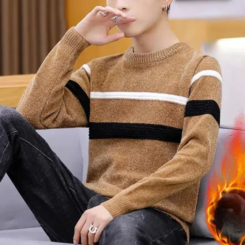 

Осенняя мужская одежда контрастного цвета с круглым вырезом, полосатый свитер с длинными рукавами, вязаный повседневный свитер с завинчивающейся резьбой, топы бойфренда JJ869