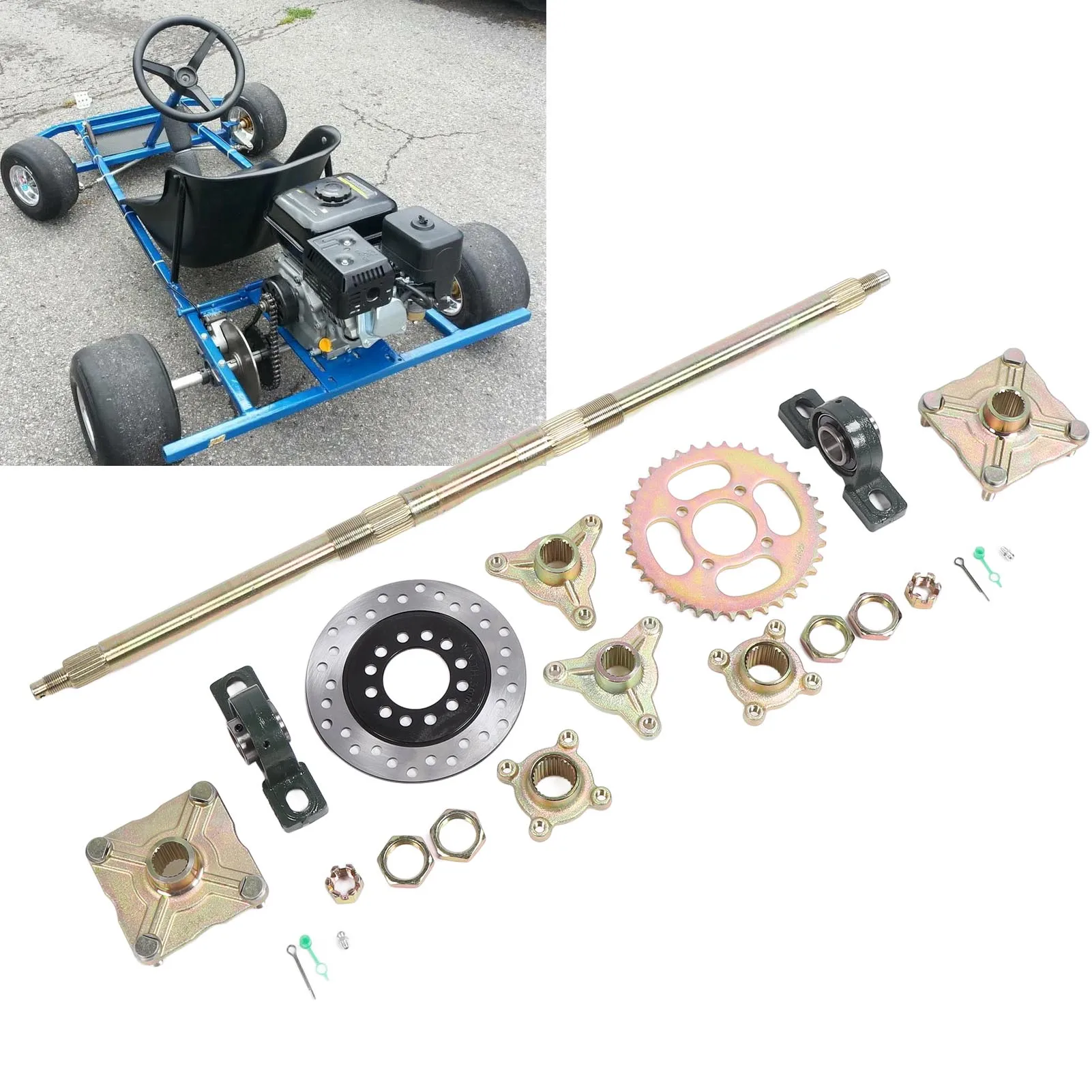 740mm Go Kart Rear Axle Kit Heavy Duty Mount Brake Disk Base Sprocket Rear Axle for 50 to 150CC DIY Rebuilt ATVs Quads