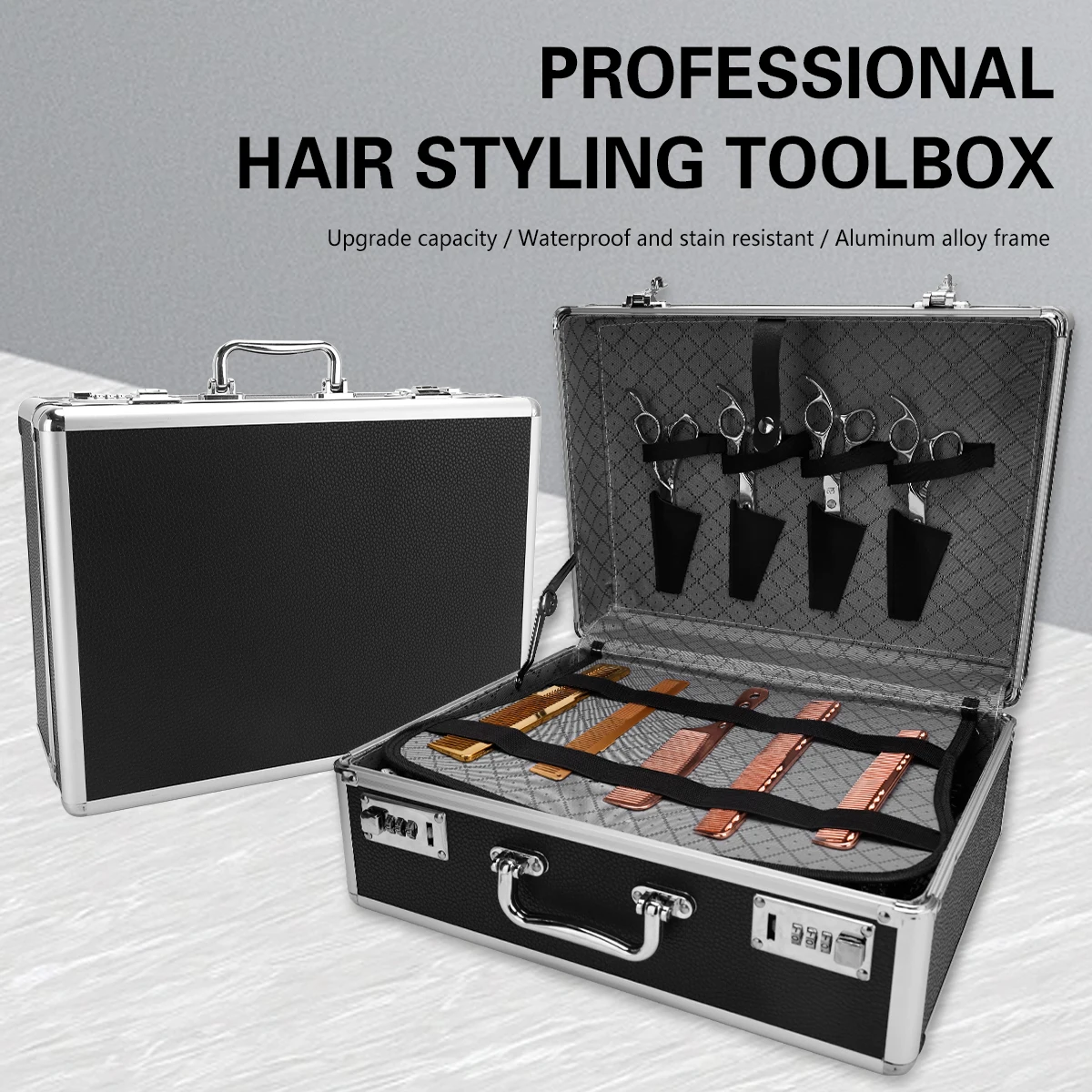 Black Barber Hairdressing Toolbox Makeup Storage Case Curling Salon Rod Scissors Comb Password Box Tool Suitcase