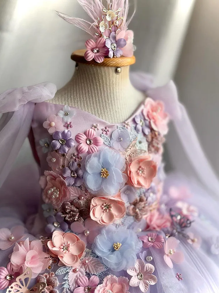 Formal  Princess Dress Girls\' High end French Elegant Pink Flower  Fluffy Yarn Wings Pearl Lolita  Evening  Party 0-10 Y Dress