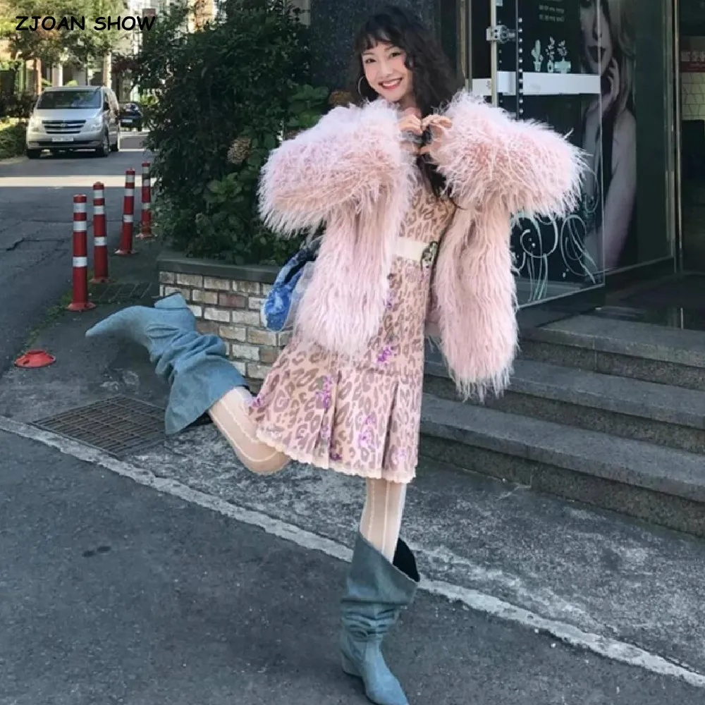 

High quality Winter Pink 3 inch Long Hairy Curly Faux Sheep Fur Coat Women O neck Loose Midi Shaggy Jacket Vintage Outerwear