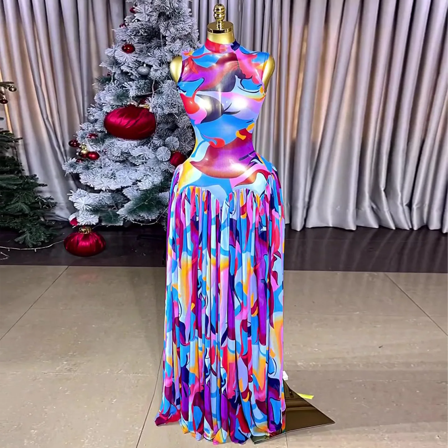 

Женское длинное платье макси А-силуэта с принтом тай-дай и прозрачными сетчатыми вставками, 2026, для уличных образов, вечеринок, коктейлей и ночных выходов