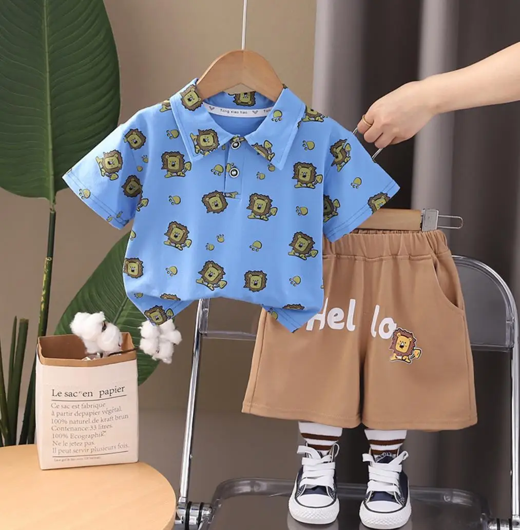 Baby Boys Summer Outfits Set 12 To 18 Months Handsome Kids Turn-down Collar Cartoon Printed T-shirts+Shorts Toddler Clothing