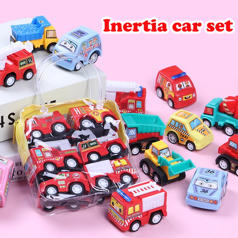 Mini coche de ingeniería inercial para niños, juguete de rompecabezas de dibujos animados, camión de bomberos, regalo de cumpleaños, 6 piezas