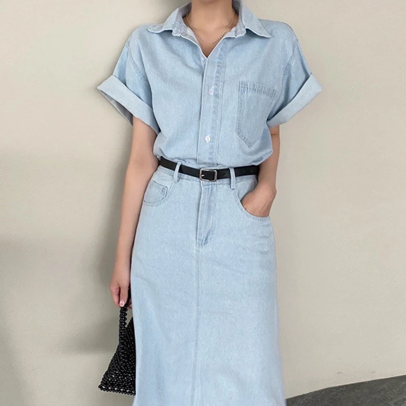 

Retro Summer Chic ort Sve Collared Denim irt High Waist Slim Fit f Skirt Set Women's Faion Cotton Blend Ensemble