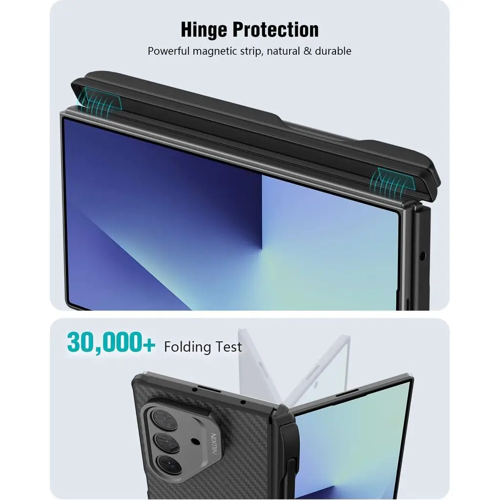 حافظة Nillkin رفيعة من ألياف الأراميد المغناطيسية لهاتف سامسونج جالاكسي Z Fold 7 W26 قلم كتابة مدمج وحامل قابل للتعديل وحماية المفصلي