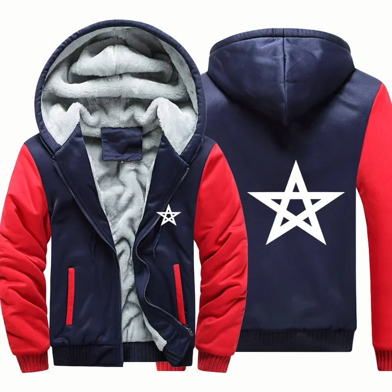 

Autumn Winter Morocco Flag Men Coat Jackets Fleece Warm Wool Zipper Hooded Thick Man Hoodies Sweatshirts
