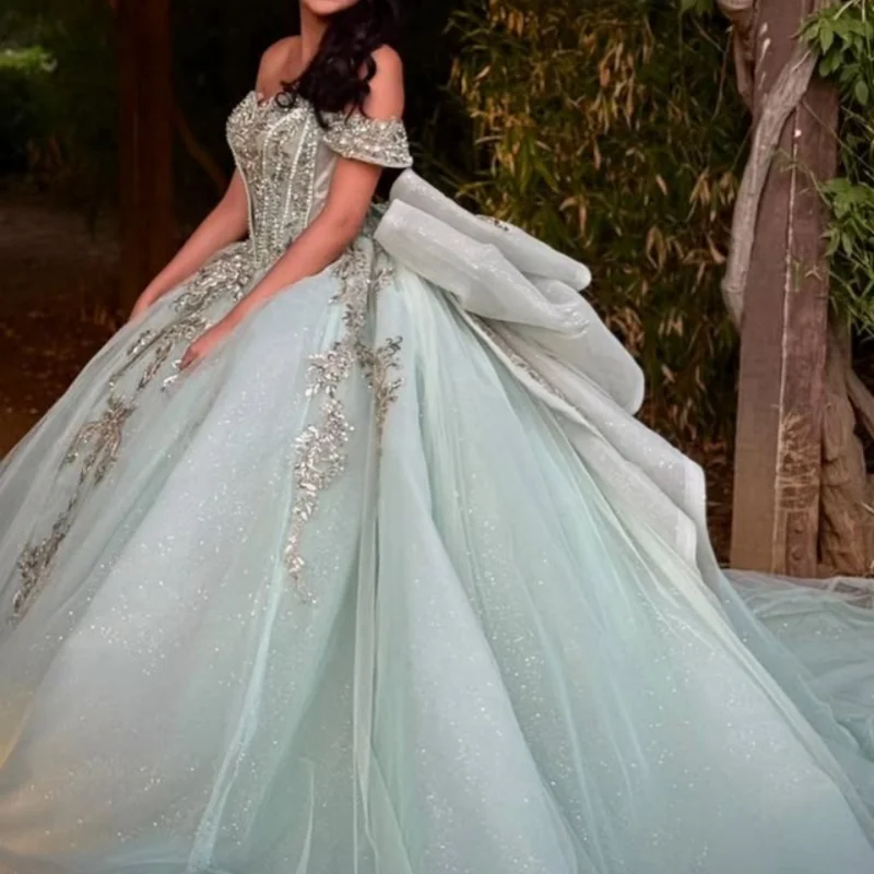 

Customized Shiny dark blue Quinceanera Dresses Off the Shoulder crystal sequin applique Long tail Bow Vestido 15 Quinceanera
