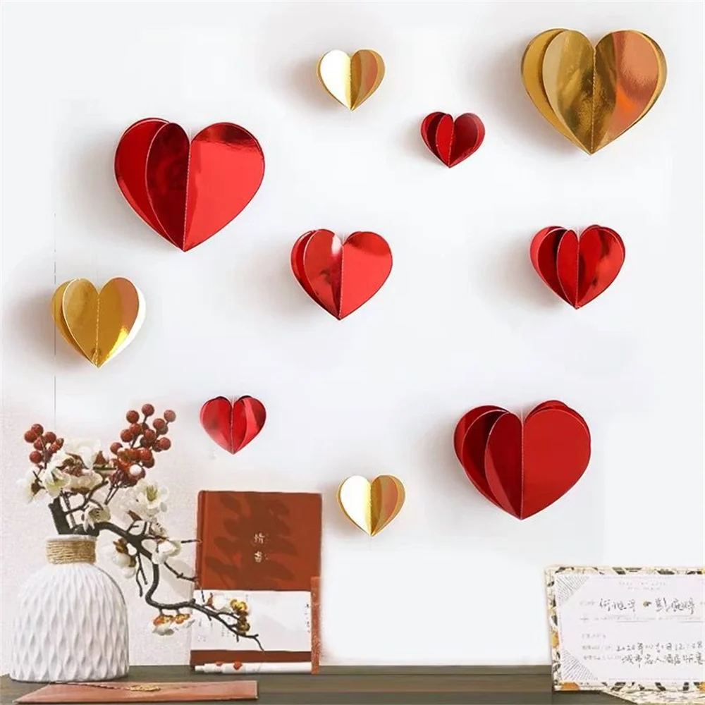 3D Love Heart Garland Paper Hanging Red Gold Heart Swirl Ornament for Valentine's Day Anniversary Wedding Party Decor Supplies