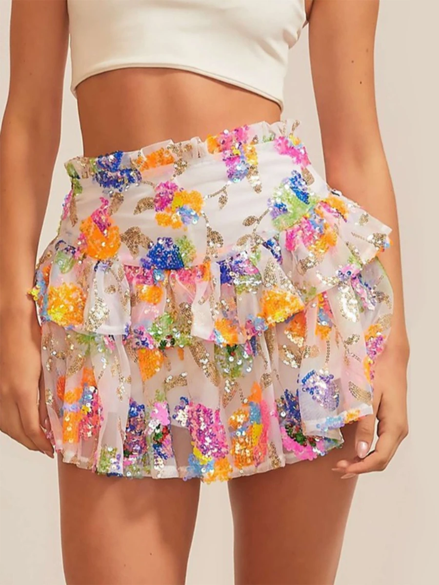 

Elastic Waist Sparkling Sequins Short Skirts Women Fashion Cascading Ruffle Skirt Women Elegant Mini Skirts Female Ladies