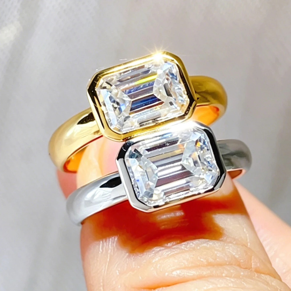 6*8mm 2CT Bezel Set Emerald Cut Moissanite Ring for Women Men D Color Lab Diamond 925 Sterling Silver Wedding Band Jewelry Gifts