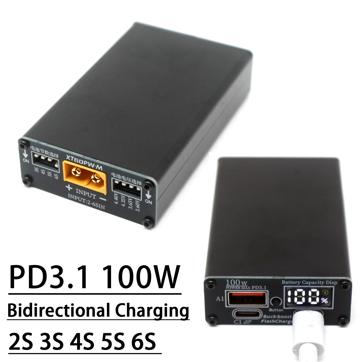 Bidirectional 2S-6S PD3.1 100W Fast Charger W Capacity Display Type-c XT60 3S 4S BMS Liion LiFePO4 RC Battery Charging /Discharg