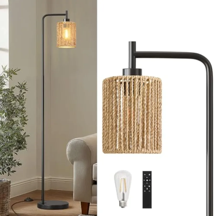 

66" Floor Lamp for Living Room Boho Floor Lamp with Remote Control and LED Bulb Rattan Shade Industrial Tall Farmhouse Standing