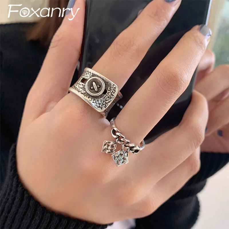 Foxanry-anillos de textura geométrica para mujer y parejas, botón de Color plateado, diseño creativo, Vintage, hecho a mano, regalos de joyería de cumpleaños