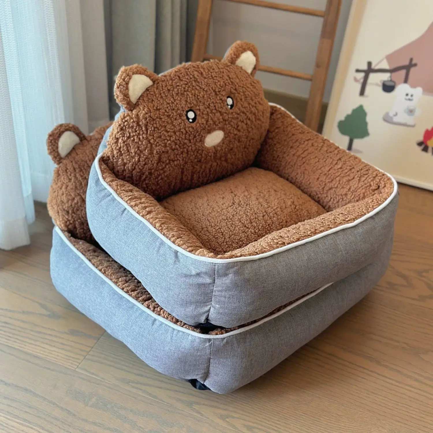 

Small Bear Square Seat Detachable Washable Cat Nest Dog Nest Thick Pet Bed Small Dog Luxury Stain Resistant Four Seasons