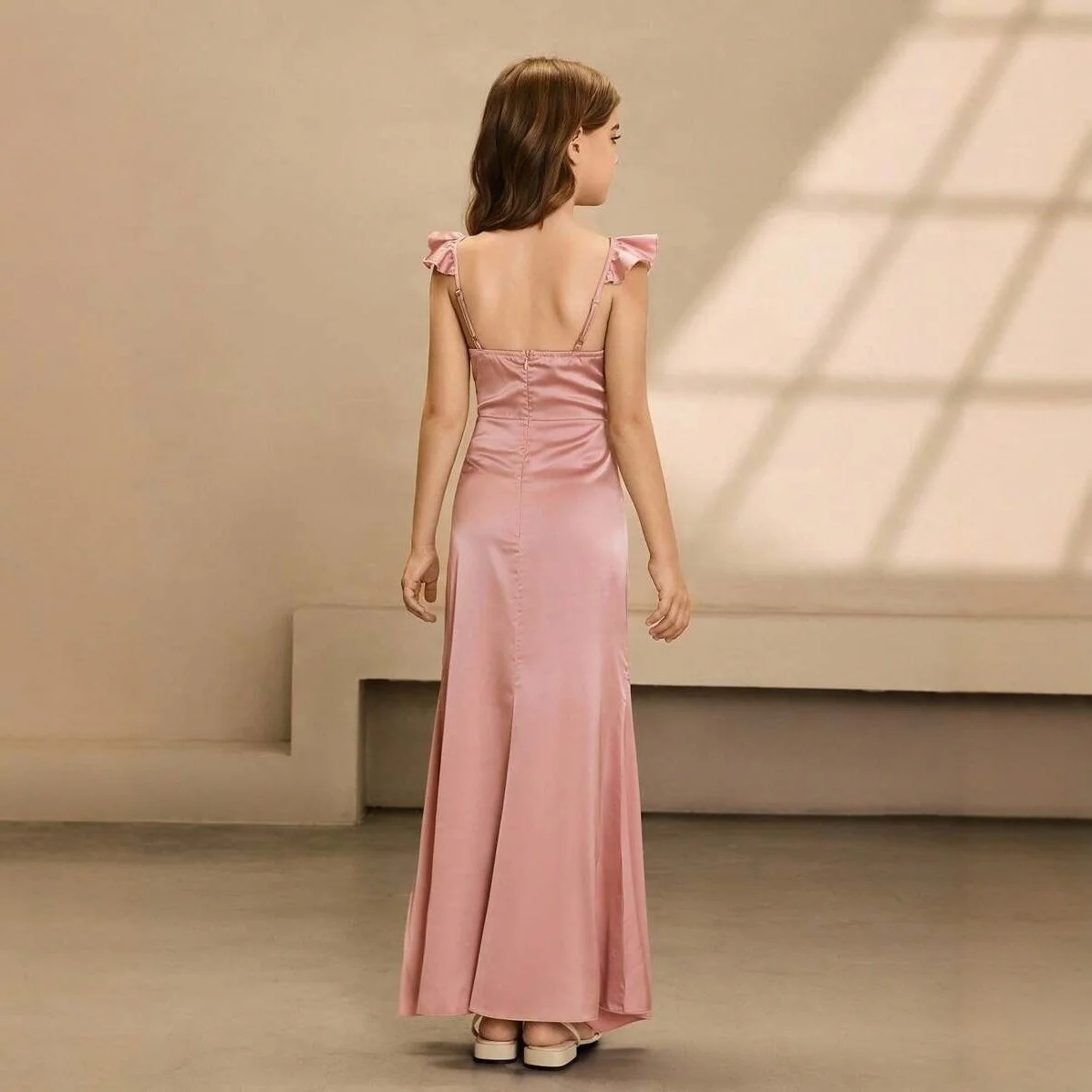 European and American girls' pink satin square neck dress, slit long princess dress, banquet party dress, host performance dress