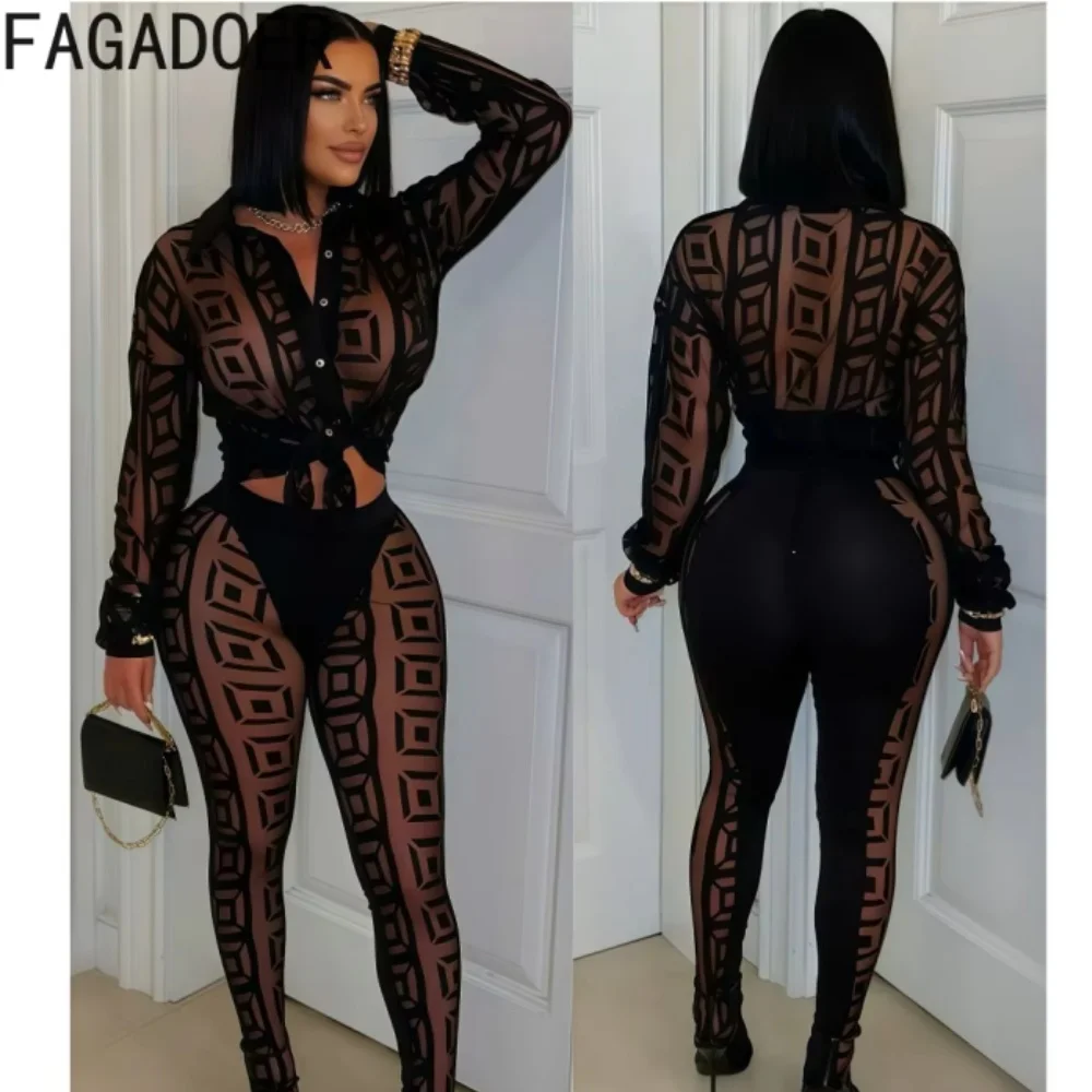 FAGADOER Sexy Mesh Women 2 Piece Set Outfit See Through Long Sleeves Crop Top + Skiny Pants Suits Female Streetwear Clothing New