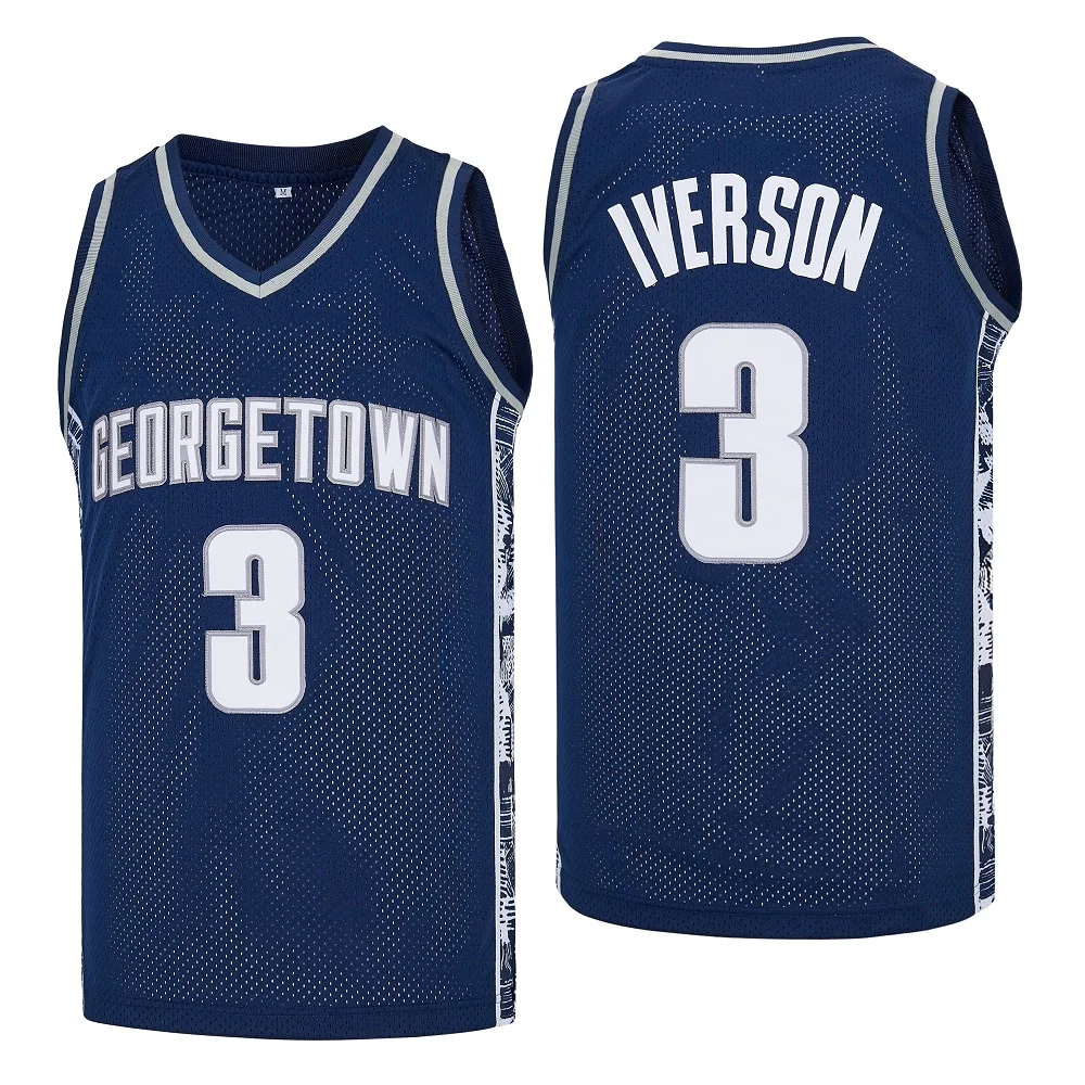 Basketball jerseys high school GEORGETOWN 3 Iverson jersey Sewing embroidery Cheap High Quality Outdoor sportswear Grey Blue