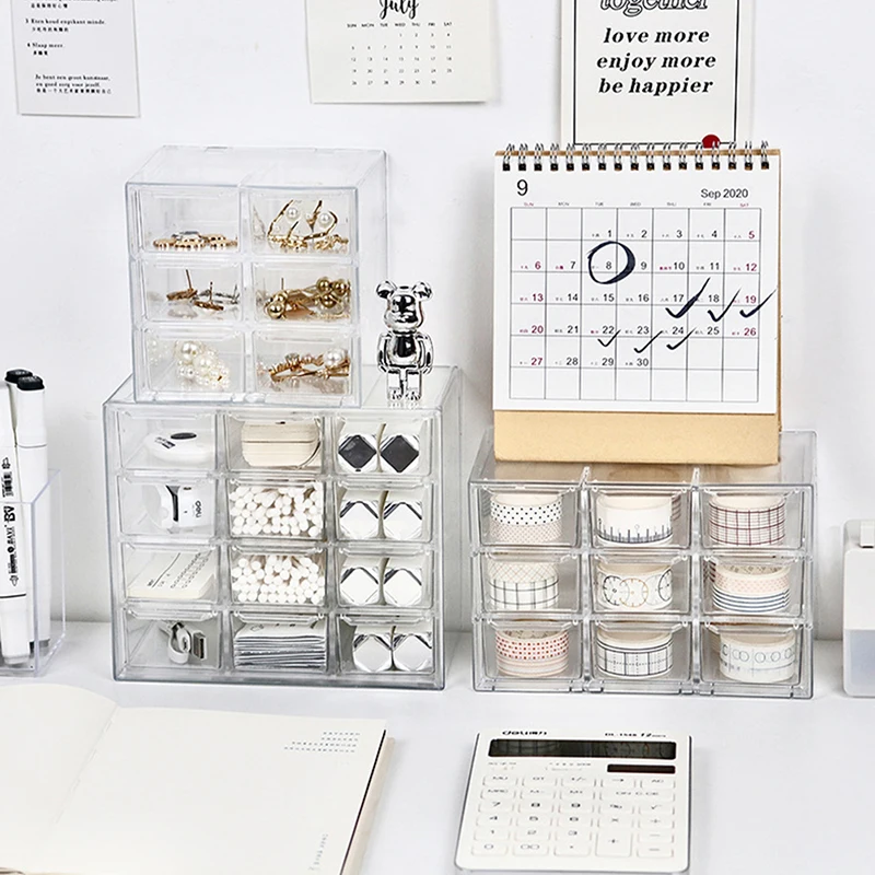 6/9/12 Grid Transparent Jewelry Storage Box Stackable Drawer Type Necklace Earrings Dust Case Desktop Stationary Organizer