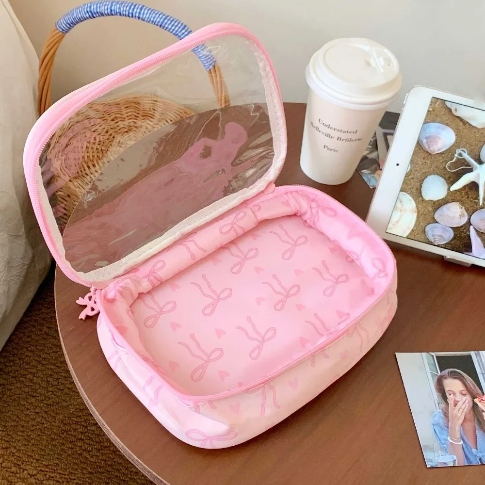 Pink Color Bow Large Capacity Transparent Waterproof Makeup Bag Portable Travel Cosmetic Organizer Pouch with Zipper for Women