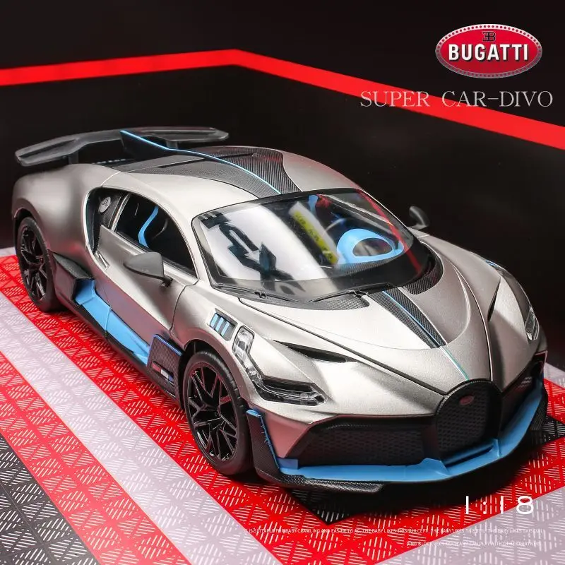 1:18 Bugatti Divo Alloy Supercar with Pull-Back, Lights & Sound | Doors-Opening Diecast Model for Christmas or Birthday Gifts