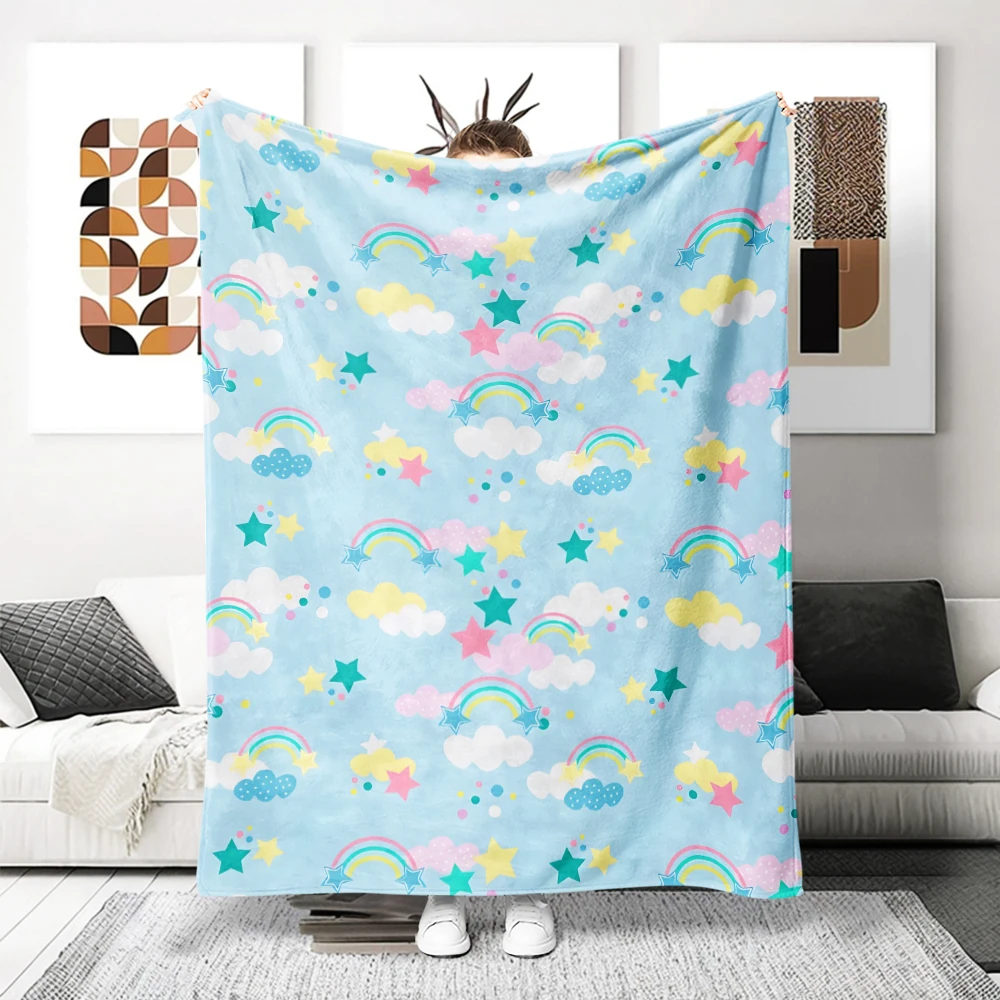 Light Blue Rainbow Clouds Flannel Blanket Perfect For Sofa Office Bed Travel Sleep Read Relax Camping Four Season Use
