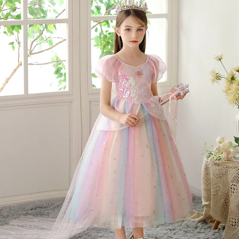 Summer Girls\' Dress New Ice and Snow Fantasy 2 Girls\' Princess Dress Aisha Pink Colorful Children\'s Birthday Performance Dress