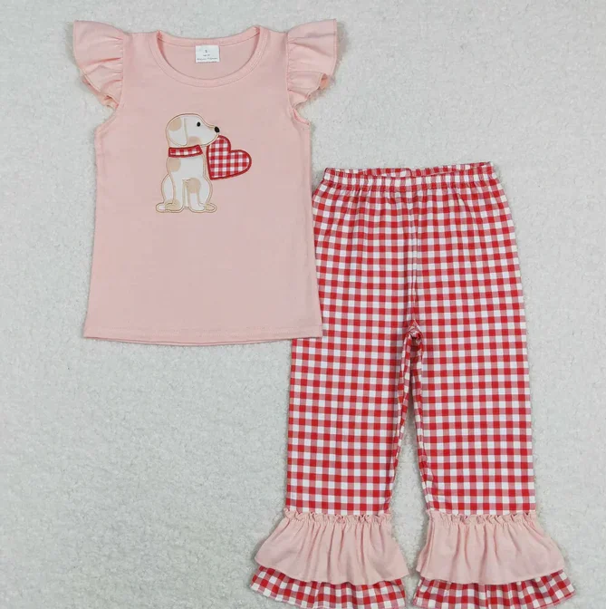 

Детская оптовая продажа одежды Одежда для маленьких девочек Сердце Щенок Вышивка Одинаковая одежда на День святого Валентина