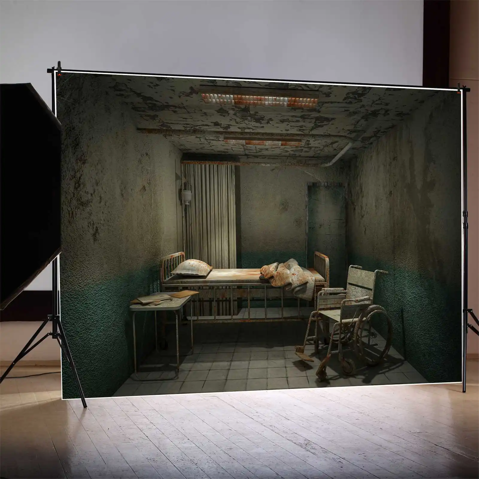 Moon. qg Hintergrund Halloween Krankenhaus zimmer stationäre Station Foto kabine Hintergrund ungepflegte Krankenbett Rollstuhl Vorhang Dekorationen
