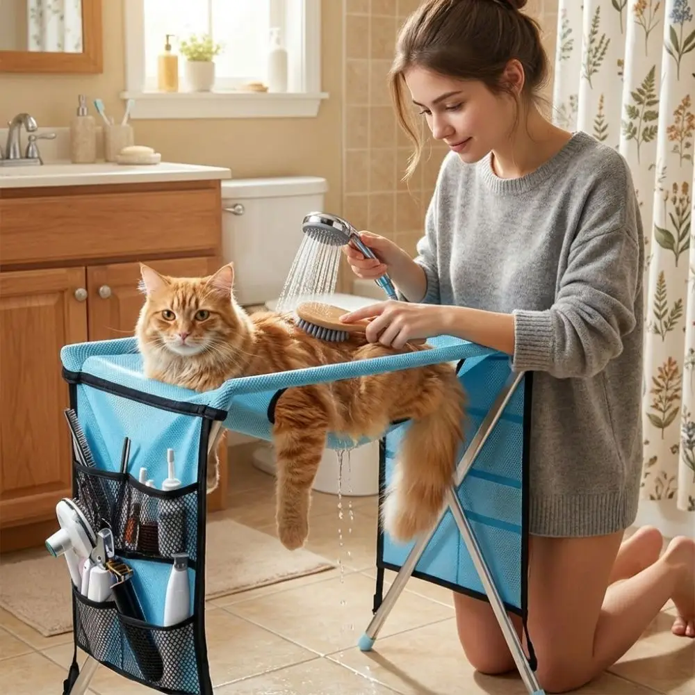 Folding Pet Grooming Hammock Quick Drying with Support Frame Pet Washing Station Anti-Scratch Adjustable Cat Bathing Rack