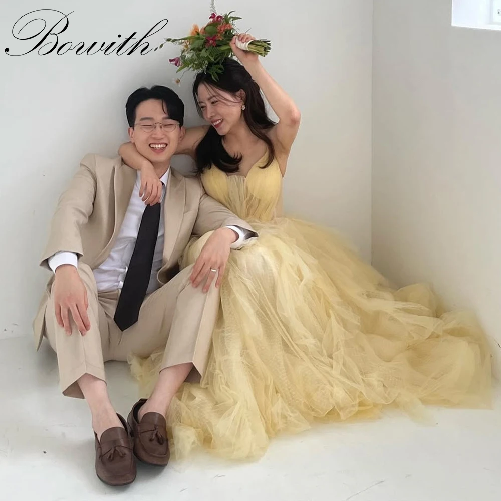 

Bowith Yellow Soft Tulle Korean Wedding Dresses Spaghetti Straps A-Line Bridal Gown Photo Shoot Customized Evening Dresses