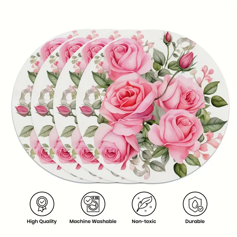 VIKAMA 4 قطعة مفارش مستديرة أنيقة باللون الوردي الوردي قابلة للغسل في الغسالة لعيد الحب وعيد الأم وغرفة الطعام مفارش ديكور