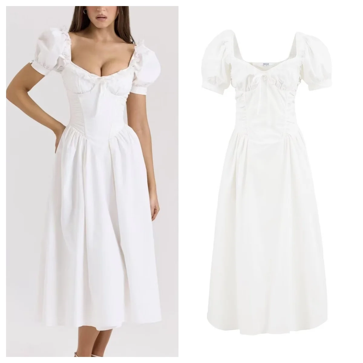 

European and American style 2025 new style lace splicing waist slimming puff short-sleeved dress