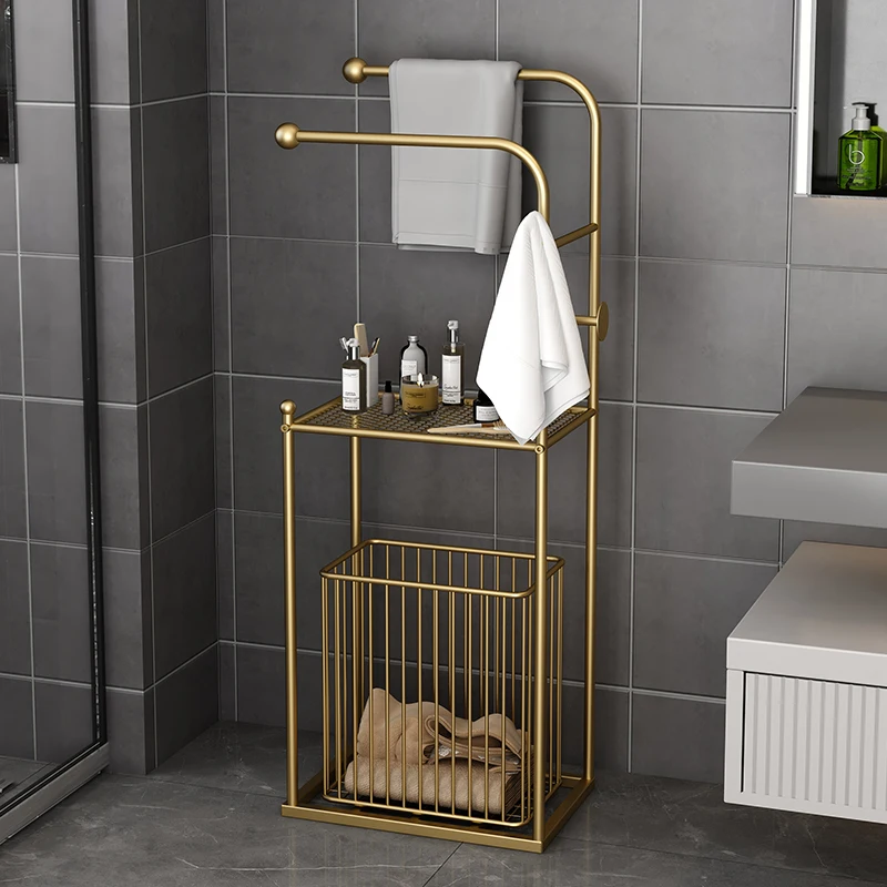 

‌Luxury Iron Towel Rack Laundry Cart Set Mobile Bathroom Storage Organizer with Wheels Rust-Proof Floor Standing Hamper Basket‌