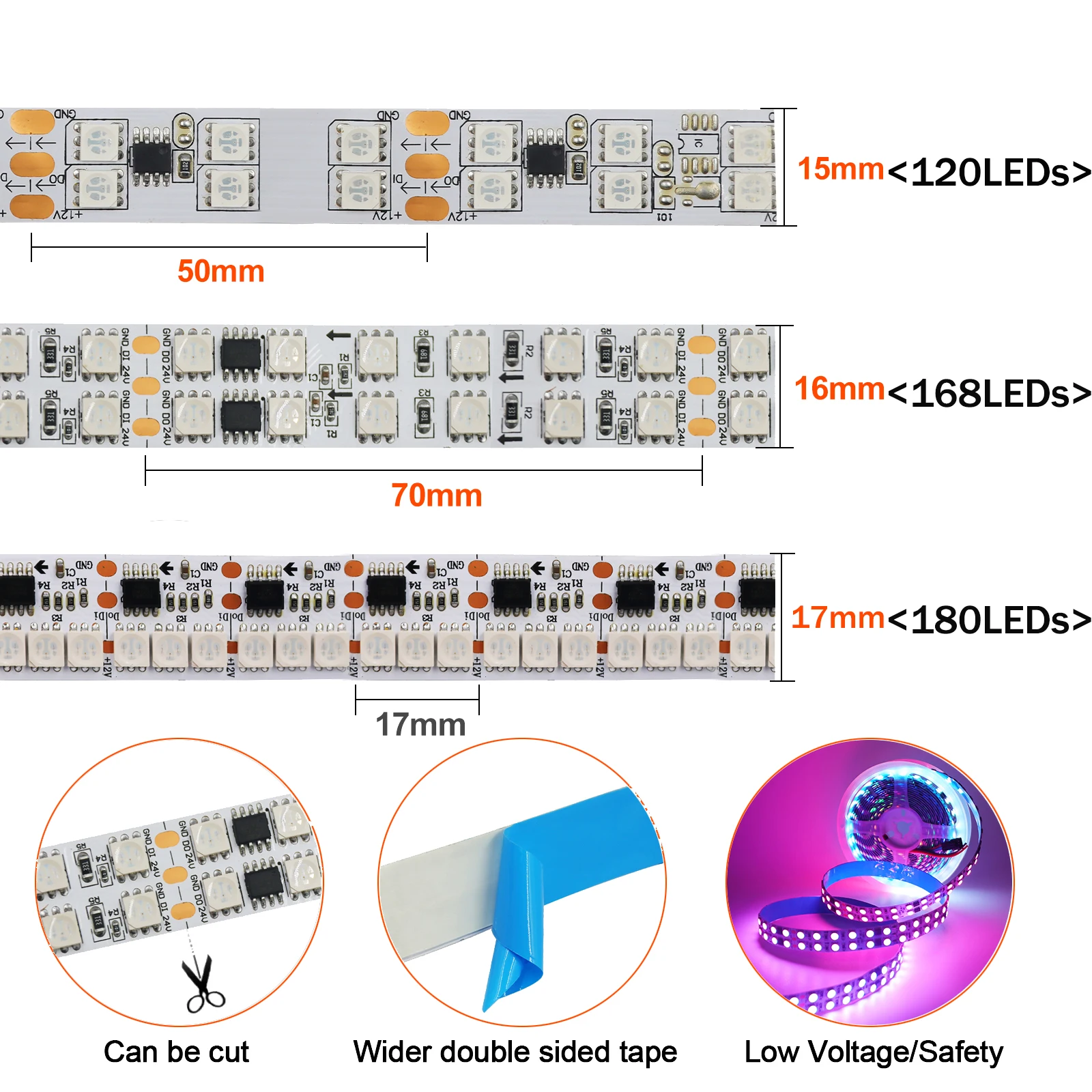 Imagem -04 - Dream Color Led Strip Light Fita Led Pixel Flexível Luz de tv Bluetooth 12v 24v 5050 Rgb 120 Led 168 Led 180 Leds 5m Ws2811