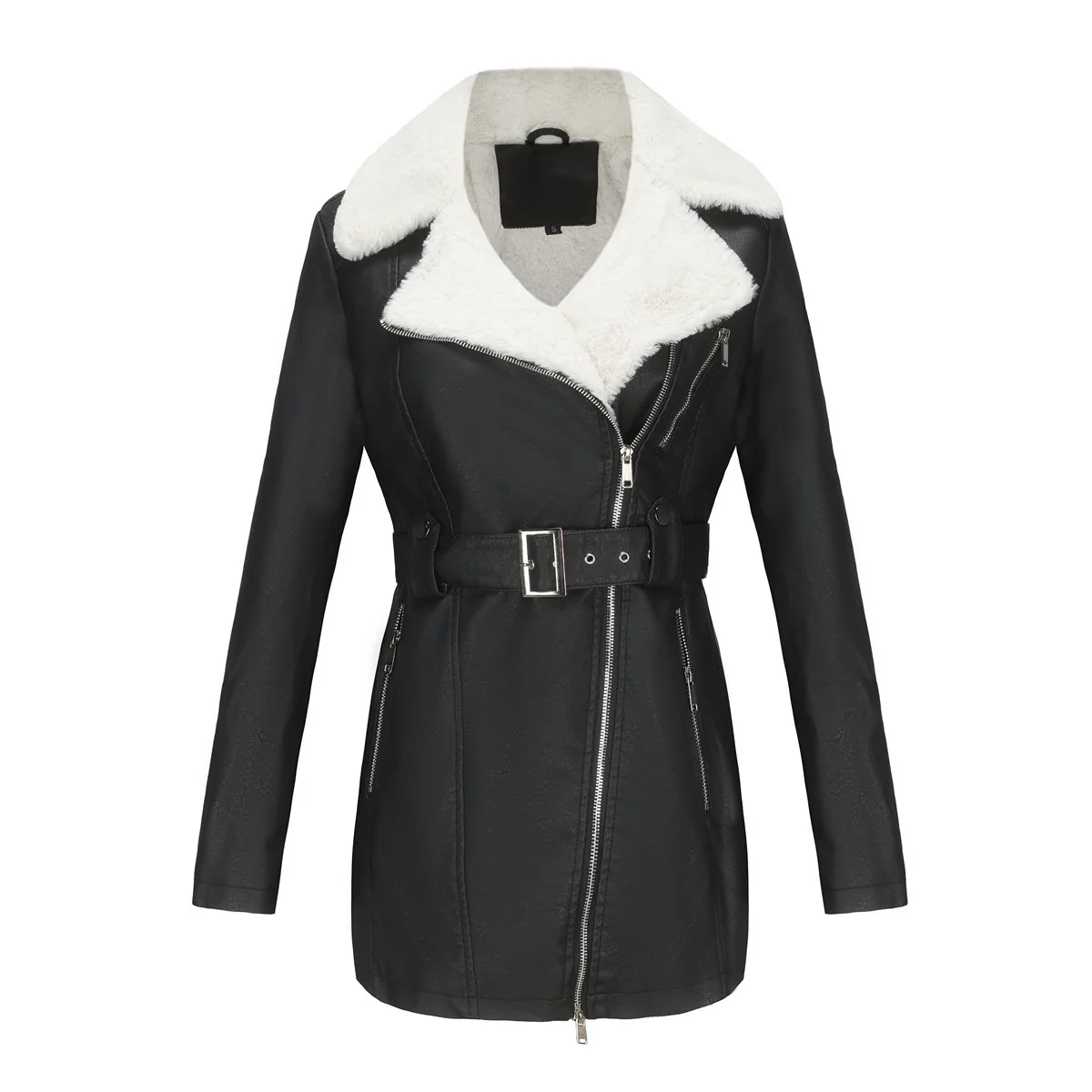 23. Herbst und Winter neue langärmelige Samt-Lederjacke für Damen, Revers, doppelseitiger Reißverschluss, Gürtel, warme Jacke
