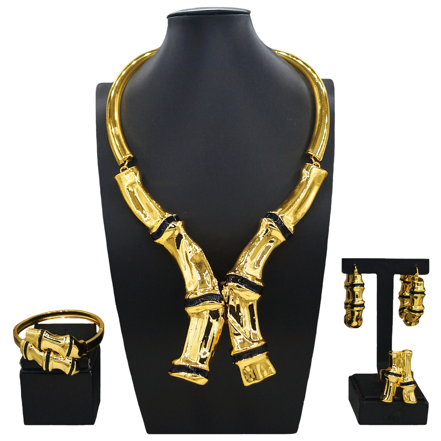 Yulaili sells four sets of gold plated brass jewelry unique lucky bamboo knot elements Nigerian bride wedding ring necklace