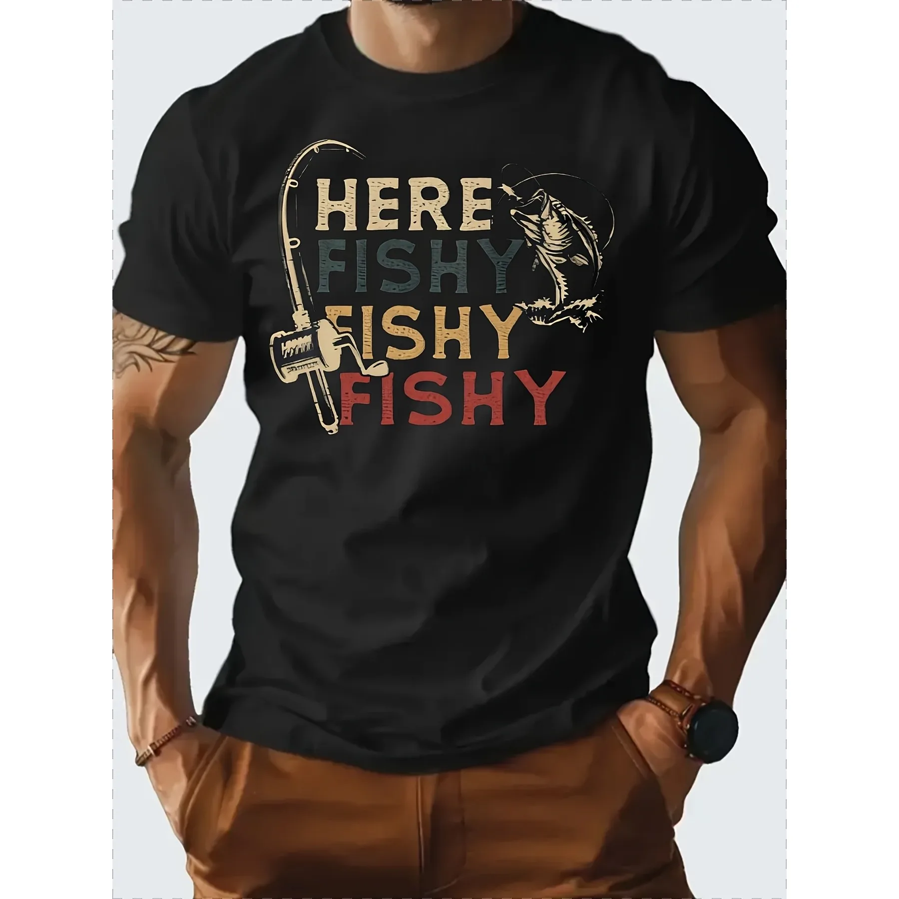 Men's Retro Fishing T-Shirt Here Fishy Fishy Print Crew Neck Casual Outdoor Shirt