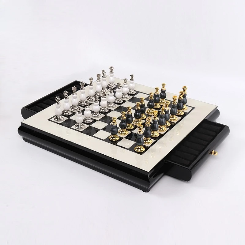 High-end wooden chess board practice set creative zinc alloy paint chess pieces living room game