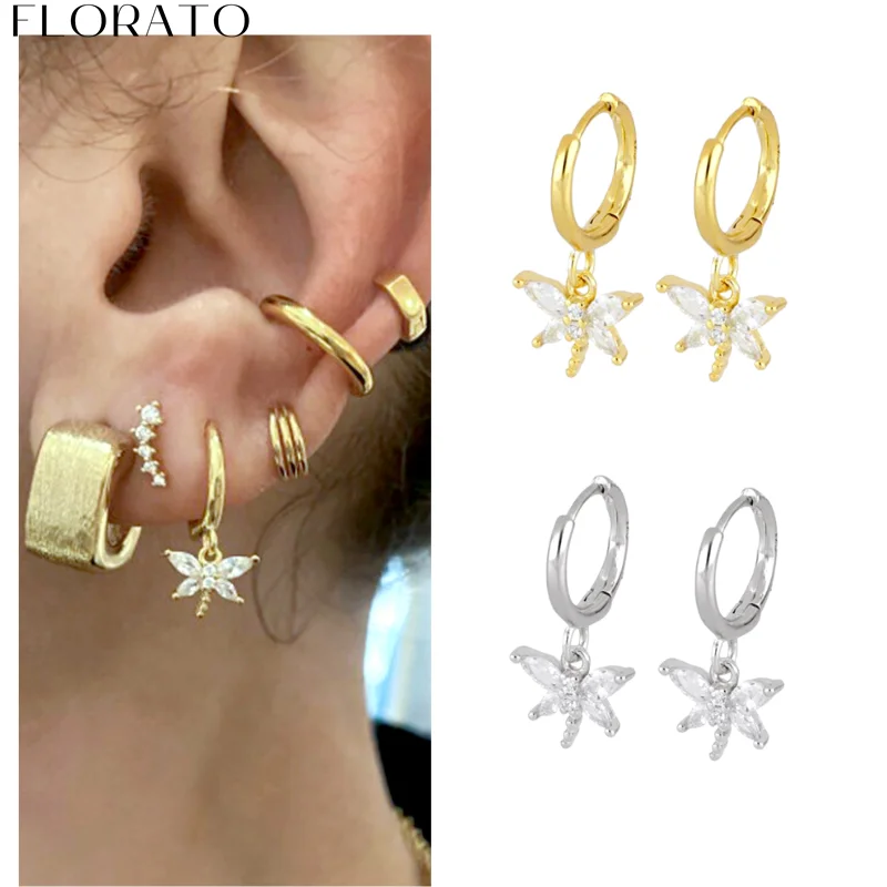 

925 sterling silver ear needle crystal zircon butterfly flower pendant hoop earrings for women luxury Fashion Wedding Jewelry