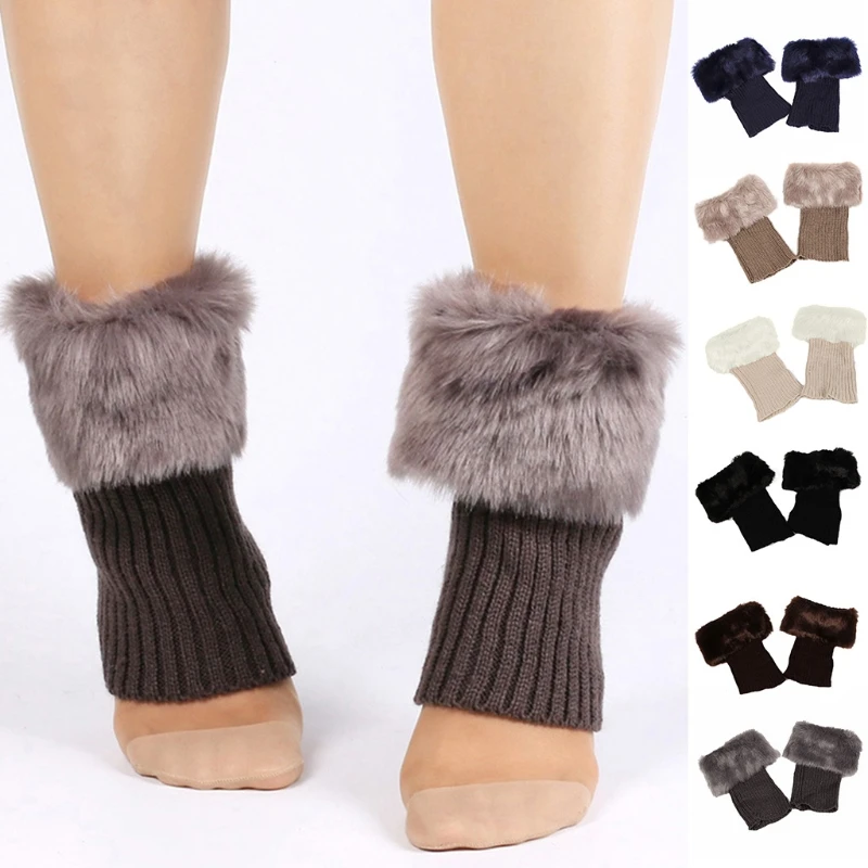 Women Girls Winter Warm Crochet Knit Boot Cuffs Thicken Furry Plush Solid Color Stretchy Short Leg Warmers Socks